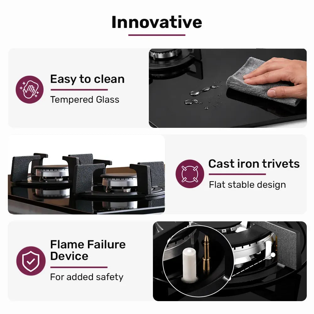 EUROCHEF 60cm 3 Burner Gas Cooktop, with Wok Burner, Tempered Glass, Natural Gas & LPG, Black V219-COKGCTEC63KA