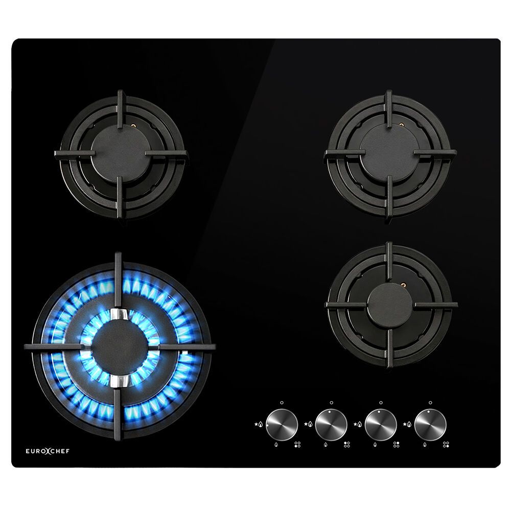 EUROCHEF 60cm 4 Burner Gas Cooktop, with Wok Burner, Tempered Glass, Natural Gas & LPG, Black V219-COKGCTEC64KA