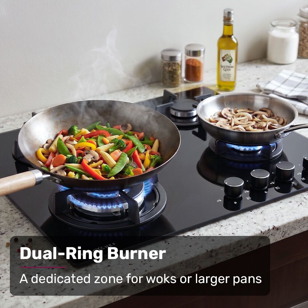 EUROCHEF 60cm 4 Burner Gas Cooktop, with Wok Burner, Tempered Glass, Natural Gas & LPG, Black V219-COKGCTEC64KA