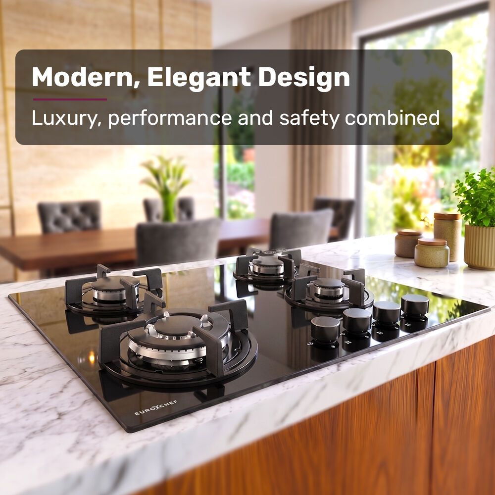 EUROCHEF 60cm 4 Burner Gas Cooktop, with Wok Burner, Tempered Glass, Natural Gas & LPG, Black V219-COKGCTEC64KA