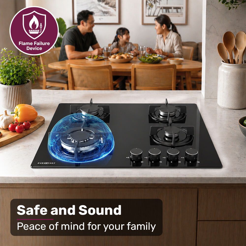 EUROCHEF 60cm 4 Burner Gas Cooktop, with Wok Burner, Tempered Glass, Natural Gas & LPG, Black V219-COKGCTEC64KA