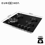 EUROCHEF 60cm 4 Burner Gas Cooktop, with Wok Burner, Tempered Glass, Natural Gas & LPG, Black V219-COKGCTEC64KA