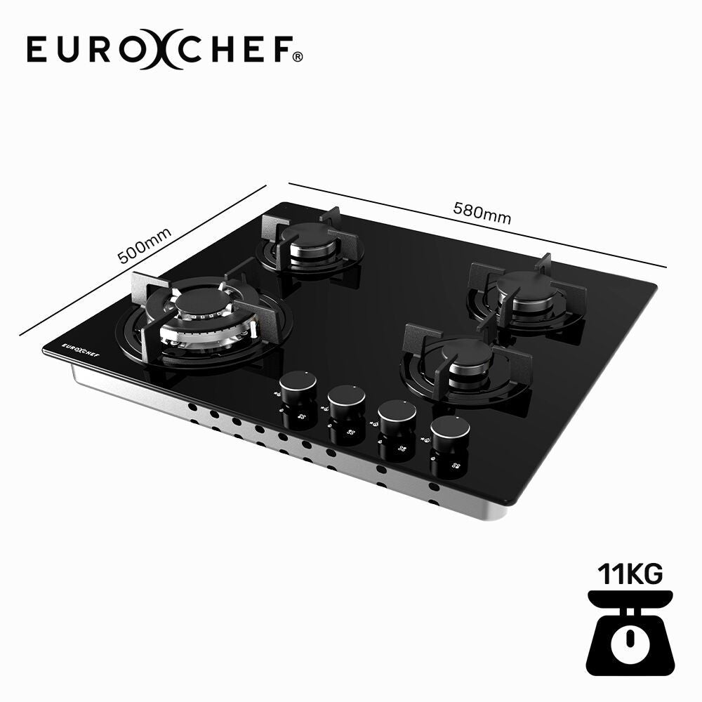 EUROCHEF 60cm 4 Burner Gas Cooktop, with Wok Burner, Tempered Glass, Natural Gas & LPG, Black V219-COKGCTEC64KA