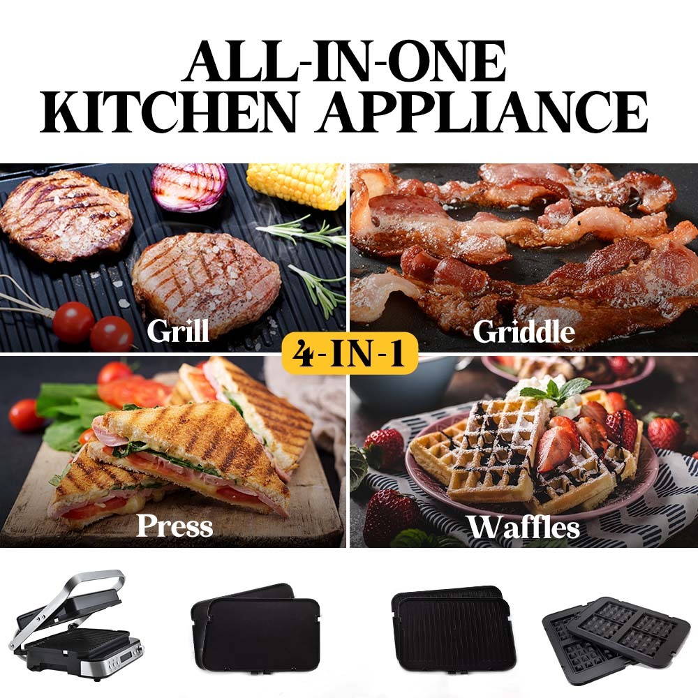 EUROCHEF Smart Multi Contact Grill Sandwich Press Panini Waffle Maker Griddle Stainless Steel V219-COKGRLEUCAC8S