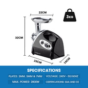 EUROCHEF Electric Meat Grinder, Stainless Steel Mincer Sausage Filler Kibbe Maker, Black V219-COKGRNEUCA5BK
