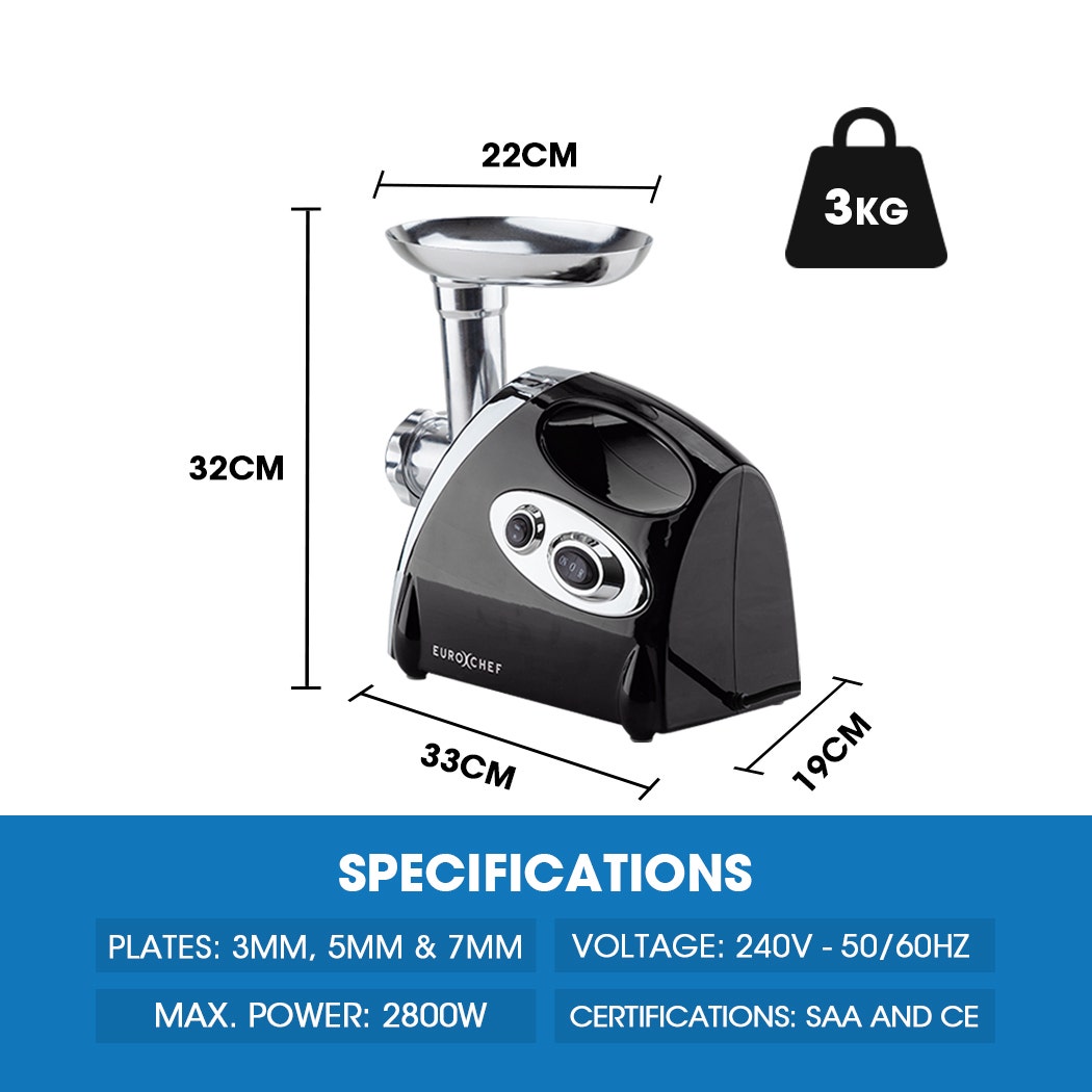 EUROCHEF Electric Meat Grinder, Stainless Steel Mincer Sausage Filler Kibbe Maker, Black V219-COKGRNEUCA5BK