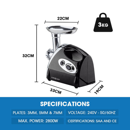 EUROCHEF Electric Meat Grinder, Stainless Steel Mincer Sausage Filler Kibbe Maker, Black V219-COKGRNEUCA5BK