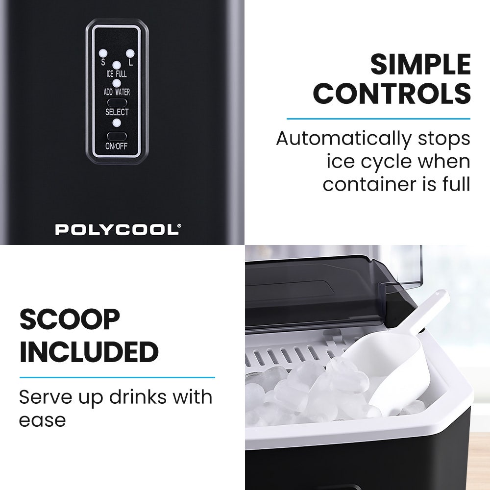 POLYCOOL Portable Ice Maker Machine, Automatic, 12kg/day, Auto Clean, with Scoop and Removable Basket, Black V219-COKICMPY1BKA