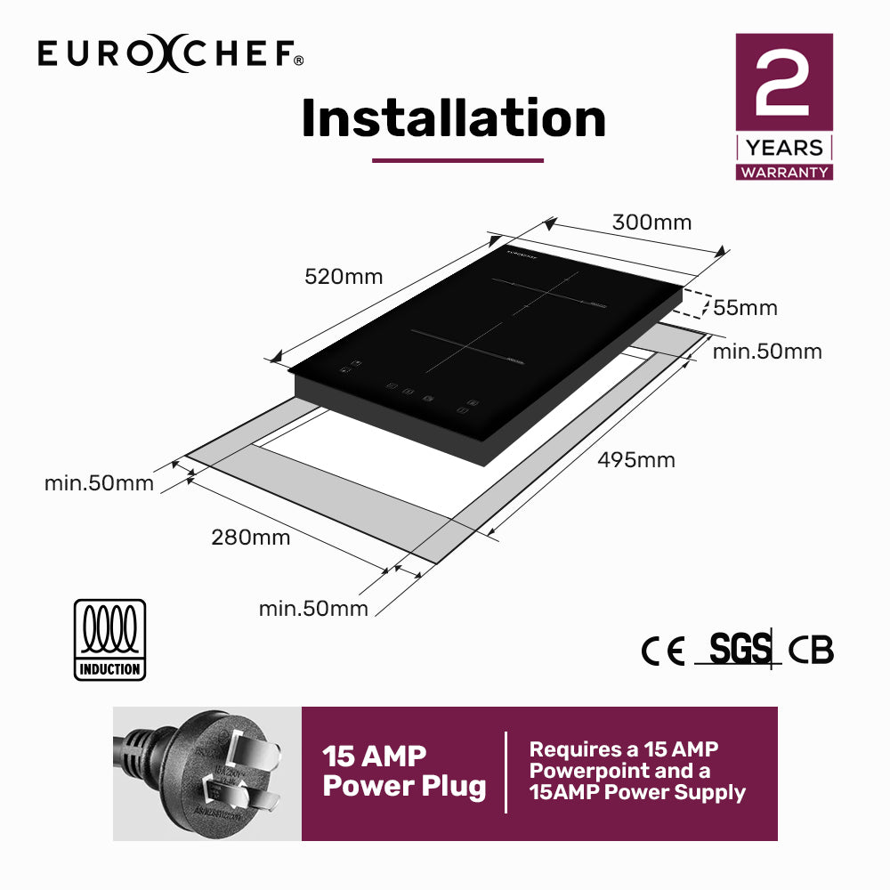 EuroChef 30cm 2 Zone Induction Cooktop, 3300W Electric, Touch Controls V219-COKICTEC320A