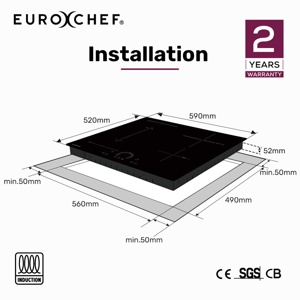 EUROCHEF 60cm 4 Zone Induction Cooktop, 7200W Electric, FlexZone Function, Touch Controls V219-COKICTEC641A