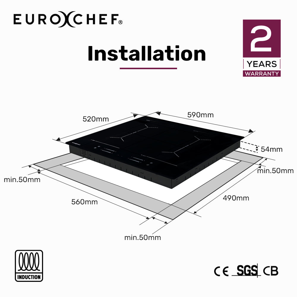 EuroChef 60cm 4 Zone Induction Cooktop, 7200W Electric, Dual Link Bridged Zone Hobs, Touch Controls V219-COKICTEC642A