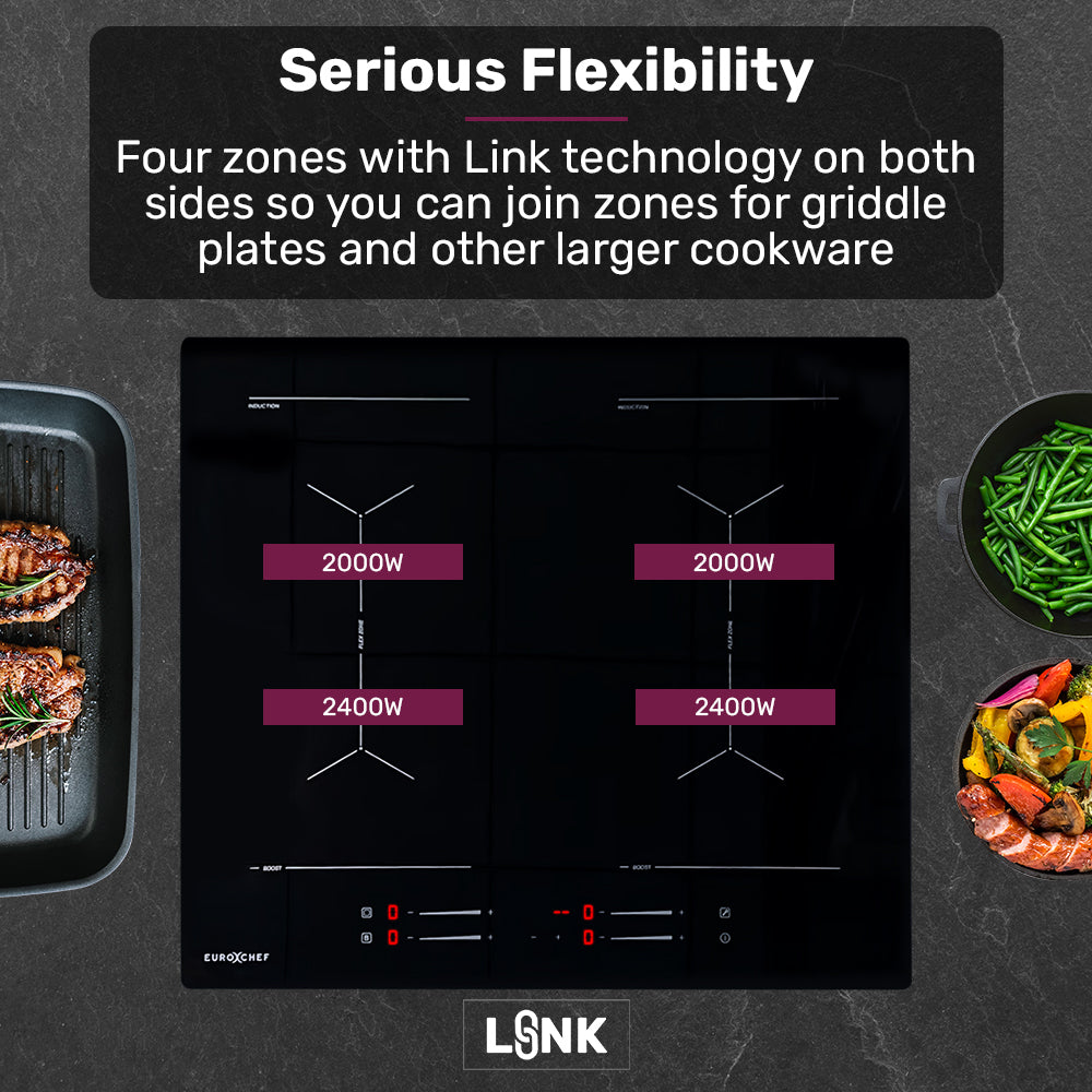 EuroChef 60cm 4 Zone Induction Cooktop, 7200W Electric, Dual Link Bridged Zone Hobs, Touch Controls V219-COKICTEC642A