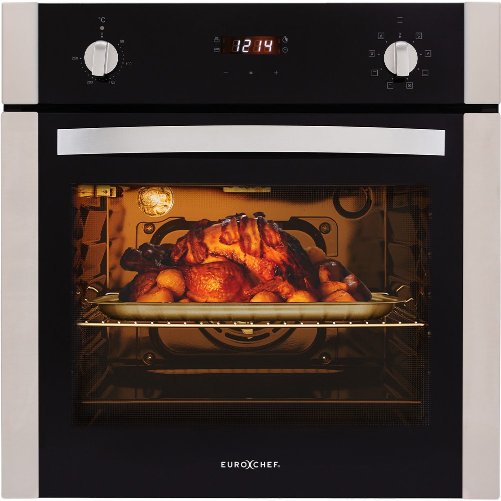 EuroChef 60cm Stainless Built-in 70L Grill 8 Function Fan Forced Electric Wall Oven V219-COKOVNEUCA78B