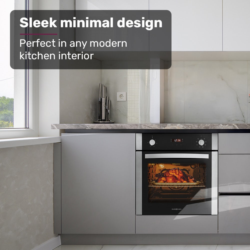 EuroChef 60cm Stainless Built-in 70L Grill 8 Function Fan Forced Electric Wall Oven V219-COKOVNEUCA78B