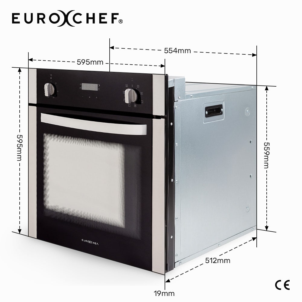 EuroChef 60cm Stainless Built-in 70L Grill 8 Function Fan Forced Electric Wall Oven V219-COKOVNEUCA78B