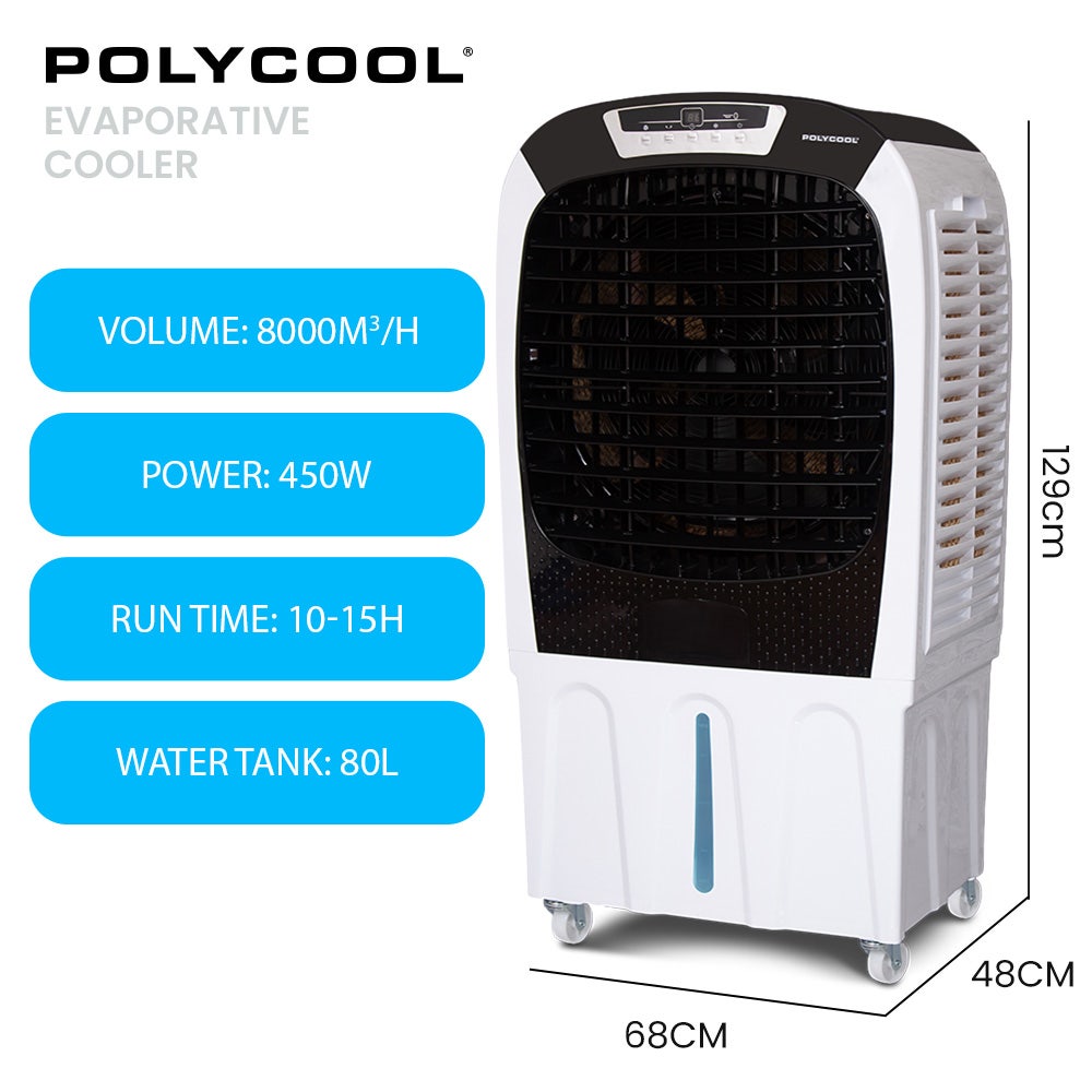POLYCOOL 450W 80L Evaporative Air Cooler, Commercial Grade, Remote Control, Fan V219-COLCECPY08GA