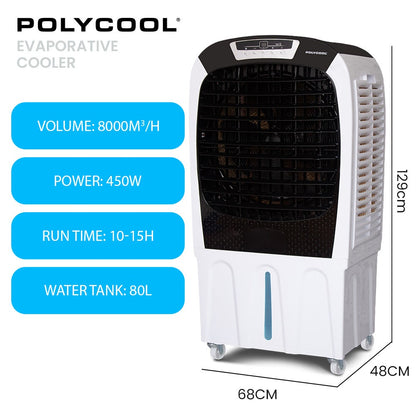 POLYCOOL 450W 80L Evaporative Air Cooler, Commercial Grade, Remote Control, Fan V219-COLCECPY08GA