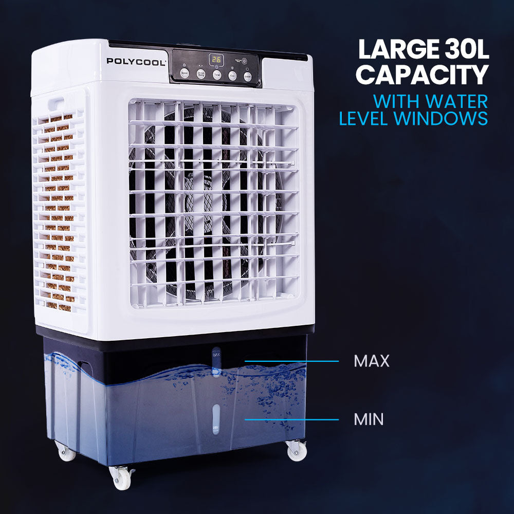 POLYCOOL 30L Evaporative Air Cooler Portable Industrial Fan, Purifier, Humidifier, Remote Control V219-COLECLPYC3GA
