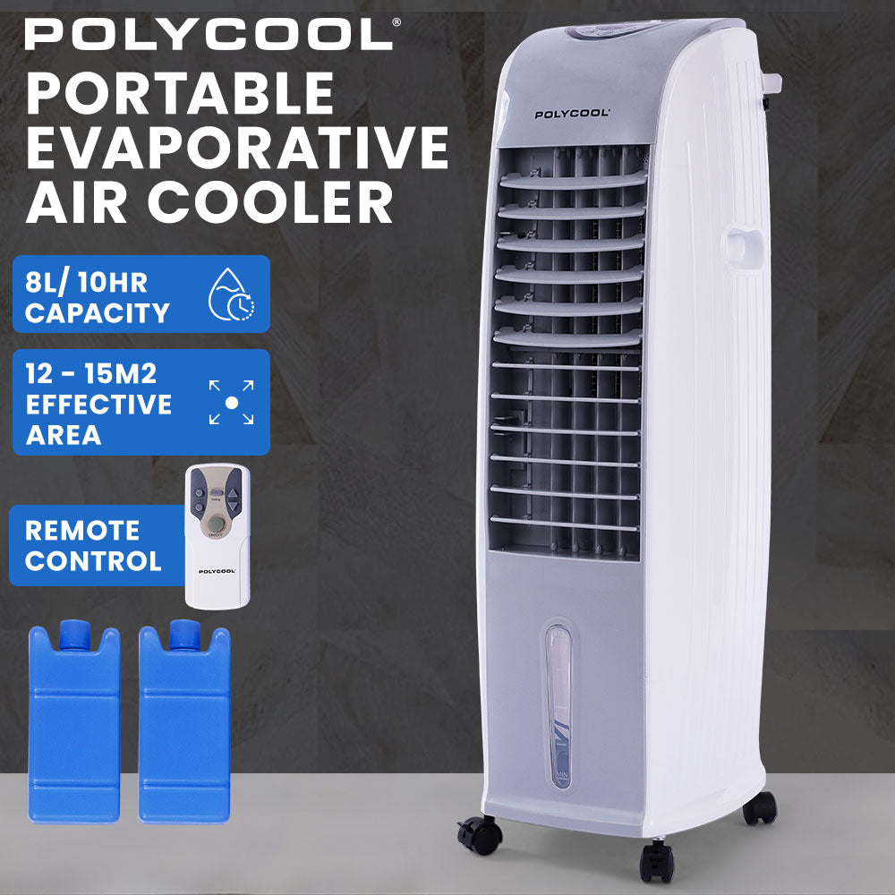 POLYCOOL 8L Portable Evaporative Air Cooler 24 Hour Timer 4 in 1 Cooling Fan, Grey and White V219-COLECLPYD4GA