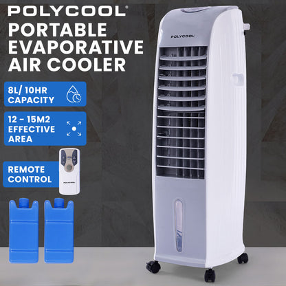 POLYCOOL 8L Portable Evaporative Air Cooler 24 Hour Timer 4 in 1 Cooling Fan, Grey and White V219-COLECLPYD4GA