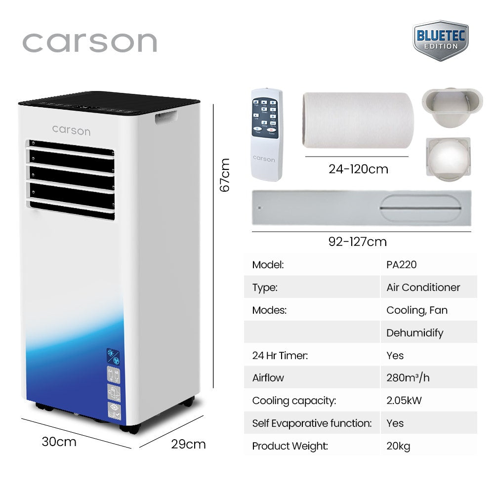 CARSON 2.05kW Portable Air Conditioner, Bluetec Edition, Dehumidifier & Fan Mode, Remote Control, 24hr Timer, V219-COLPACCA2C2SA
