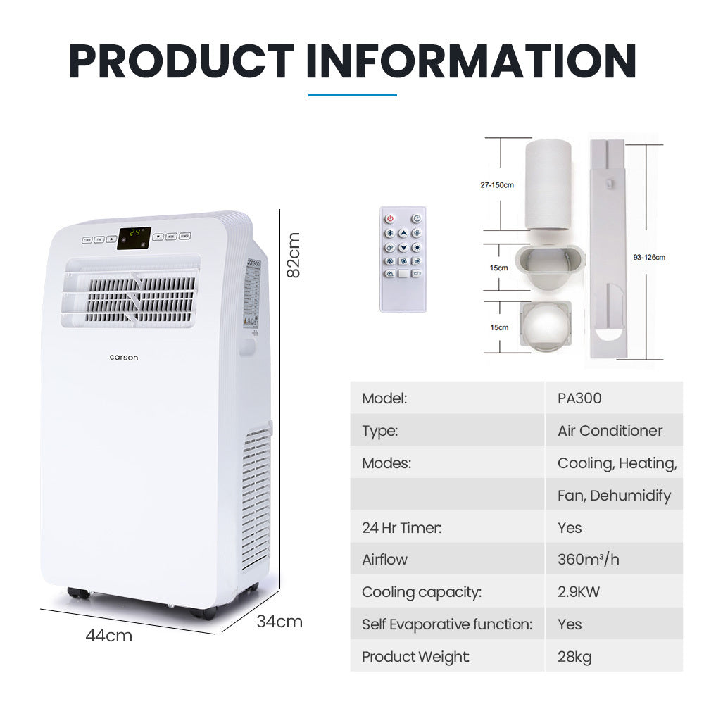 CARSON 2.9kW Reverse Cycle Portable Air Conditioner and Heater, with Dehumidifier, Cooling and Heating AC V219-COLPCHCA23RA