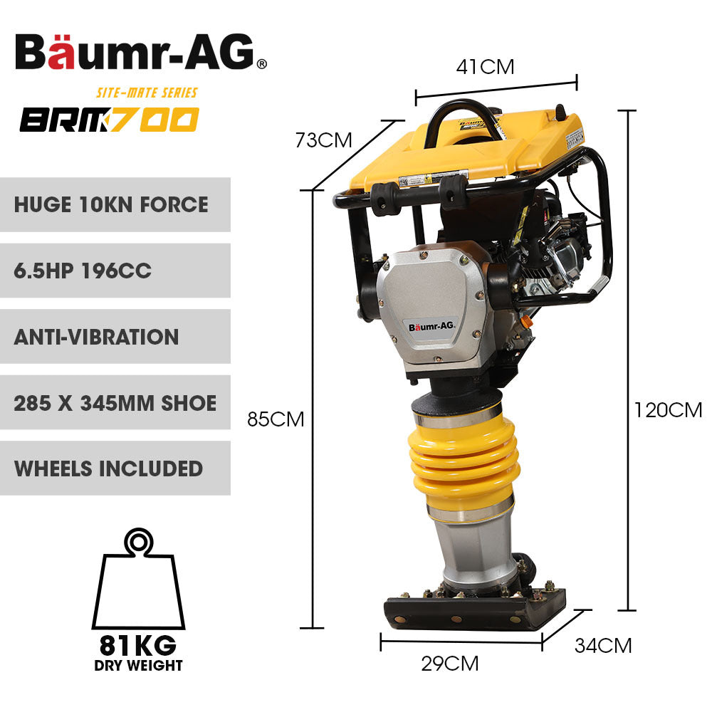 BAUMR-AG 77KG 285 x 345mm Tamping Rammer, 10kN 6.5hp, w/ Transport Wheel Kit, Compactor for Soil Sand Gravel V219-COMRMRBMW7CA