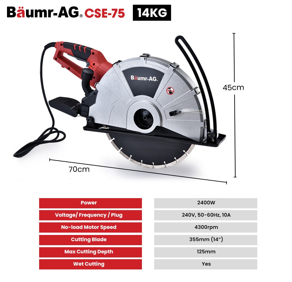 BAUMR-AG 2400W Electric Concrete Saw 355mm Demolition Cutter Wet Dry Demo Tool Circular Cutting V219-CONSAWBMRAE75