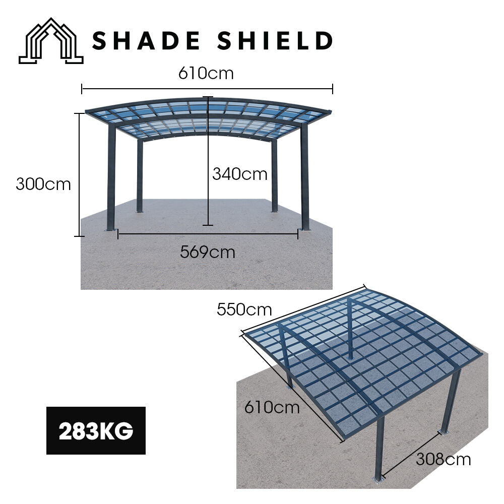 SHADE SHIELD Arched Double Carport 6.0m x 5.5m x 2.98m, Aluminium Alloy Frame, Polycarbonate Roof, Shelter V219-CPRDBLPCDM2A