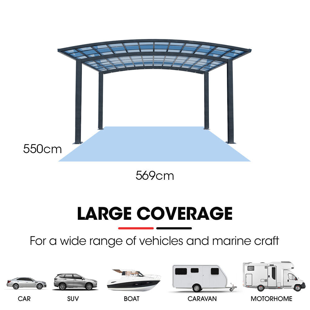 SHADE SHIELD Arched Double Carport 6.0m x 5.5m x 2.98m, Aluminium Alloy Frame, Polycarbonate Roof, Shelter V219-CPRDBLPCDM2A