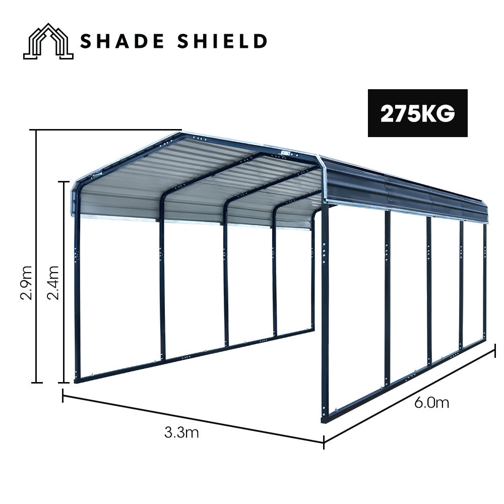SHADE SHIELD Single Carport Shed 3.3 x 6 x 2.9m, Galvanised Steel Frame, Powder Coated Gable Roof, Shelter V219-CPRSINPCSG6A
