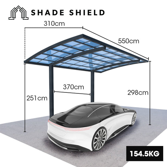 SHADE SHIELD Single Cantilever Carport 3.0m x 5.5m x 3.5m, Aluminium Alloy Frame, Polycarbonate Roof, Shelter V219-CPRSINPCSL2A