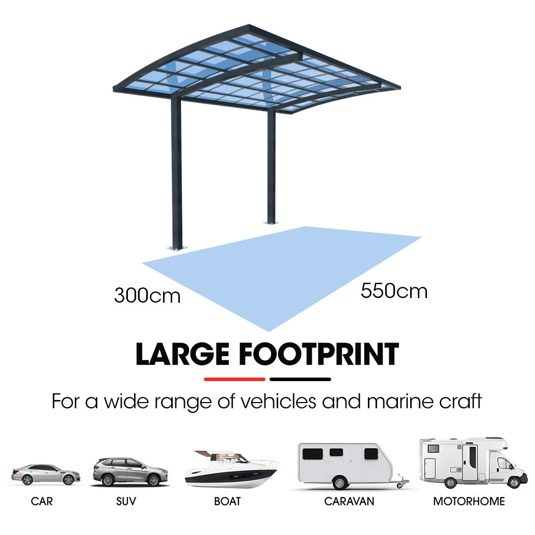 SHADE SHIELD Single Cantilever Carport 3.0m x 5.5m x 3.5m, Aluminium Alloy Frame, Polycarbonate Roof, Shelter V219-CPRSINPCSL2A