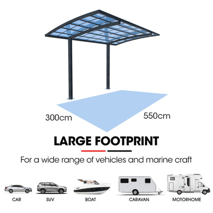 SHADE SHIELD Single Cantilever Carport 3.0m x 5.5m x 3.5m, Aluminium Alloy Frame, Polycarbonate Roof, Shelter V219-CPRSINPCSL2A