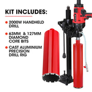 BAUMR-AG 2000W 160mm Handheld Core Drill w/Stand,63mm & 127mm Drill Bit Combo, for Concrete Coring Hole V219-DRLCREBM16H-63