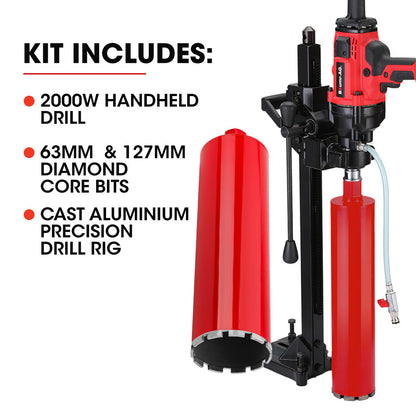 BAUMR-AG 2000W 160mm Handheld Core Drill w/Stand,63mm & 127mm Drill Bit Combo, for Concrete Coring Hole V219-DRLCREBM16H-63