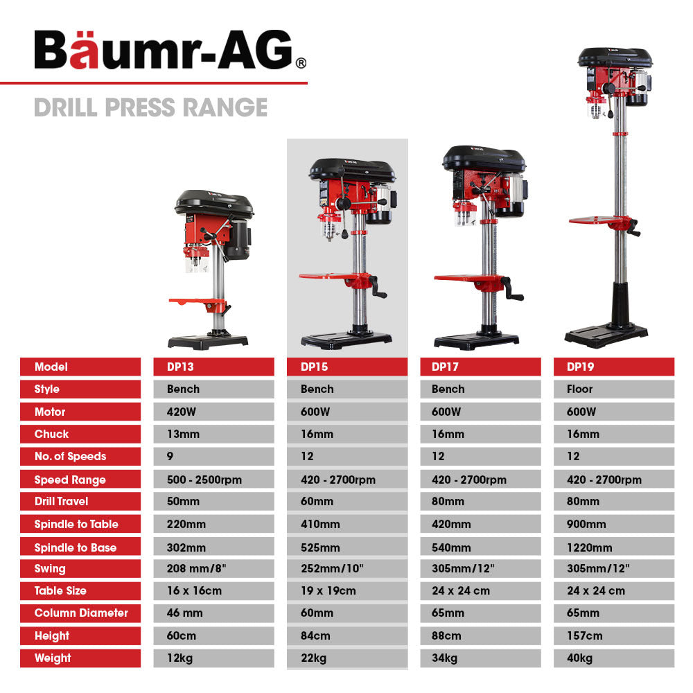 Baumr-AG DP15 600W 10" Pedestal Bench Drill Press, 12 Speeds, 16mm Chuck (DP15 II) V219-DRLDPRBMRAD15