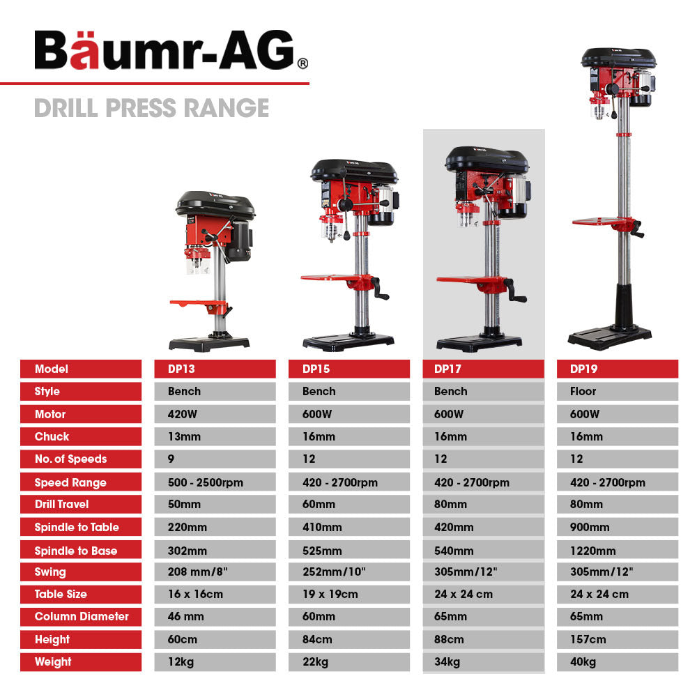 Baumr-AG 600W 12" Pedestal Bench Drill Press, 12 Speeds, 16mm Chuck (DP17) V219-DRLDPRBMRAD17