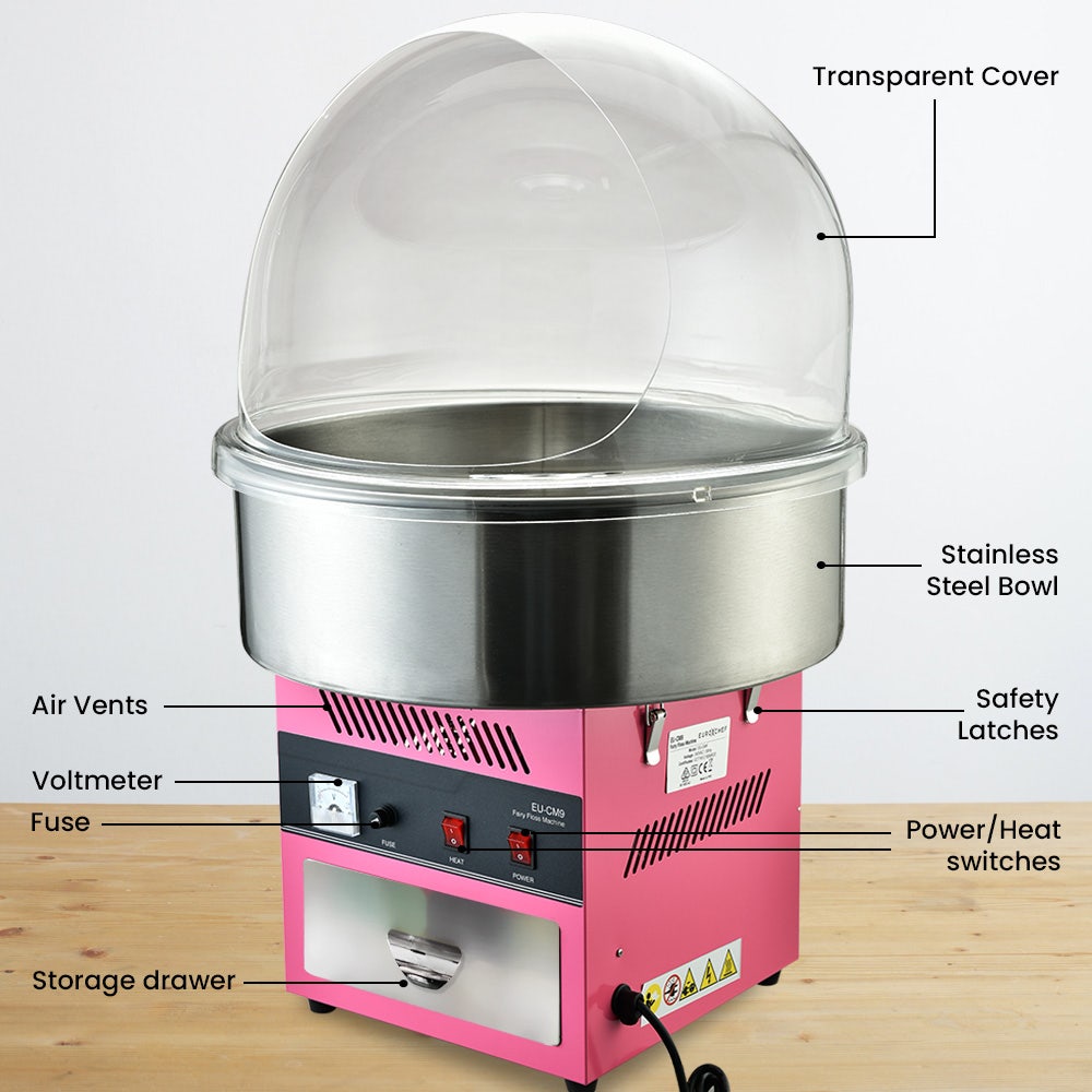 EUROCHEF 1100W Commercial Fairy Floss Machine, Cotton Candy Maker with Bubble Cover V219-ECFDFLCM9A