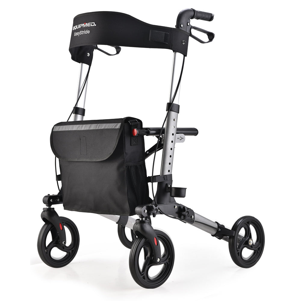 EQUIPMED Foldable Aluminium Walking Frame Rollator with Bag and Seat, Silver V219-EQHCRL10A