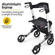 EQUIPMED Foldable Aluminium Walking Frame Rollator with Bag and Seat, Silver V219-EQHCRL10A