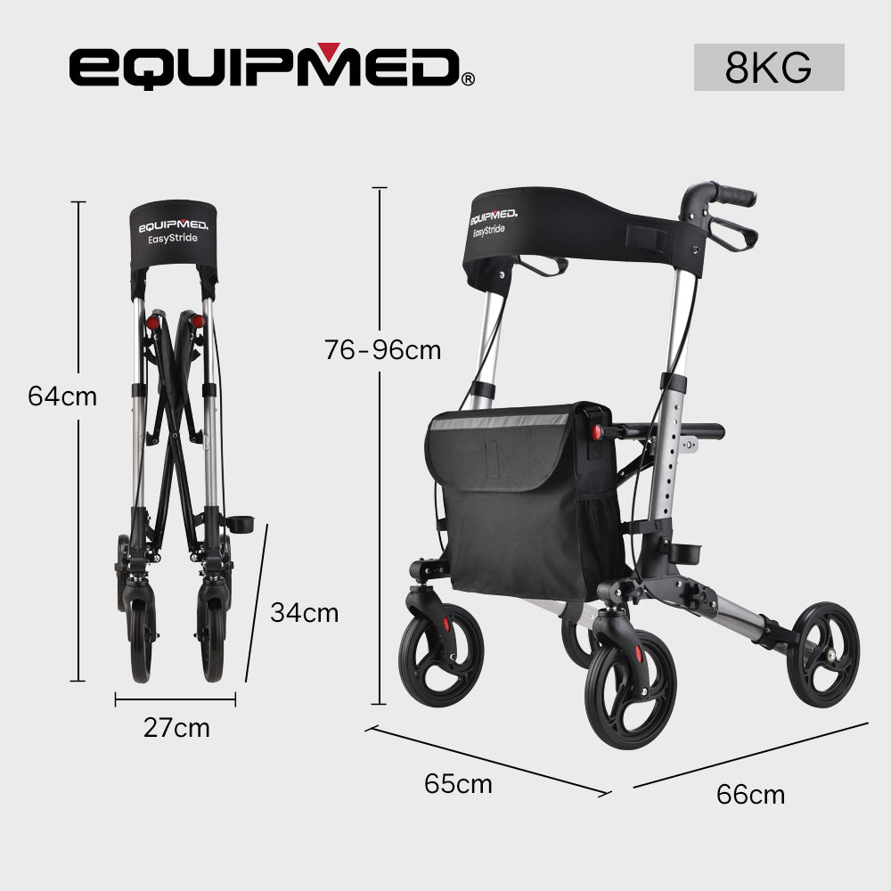 EQUIPMED Foldable Aluminium Walking Frame Rollator with Bag and Seat, Silver V219-EQHCRL10A