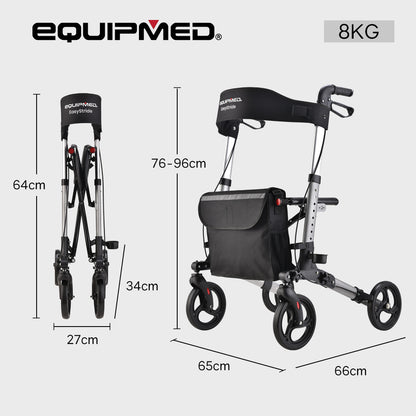 EQUIPMED Foldable Aluminium Walking Frame Rollator with Bag and Seat, Silver V219-EQHCRL10A