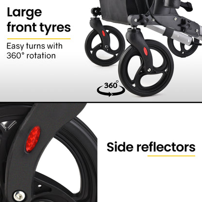 EQUIPMED Foldable Aluminium Walking Frame Rollator with Bag and Seat, Silver V219-EQHCRL10A