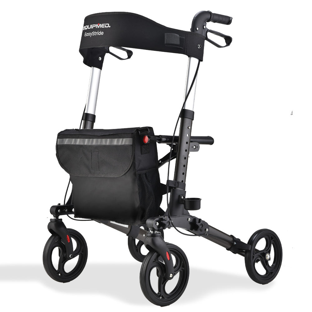 EQUIPMED Foldable Aluminium Walking Frame Rollator with Bag and Seat, Titanium Colour V219-EQHCRL11A