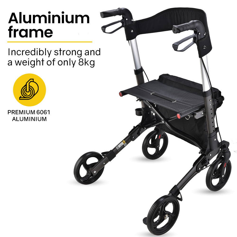 EQUIPMED Foldable Aluminium Walking Frame Rollator with Bag and Seat, Titanium Colour V219-EQHCRL11A