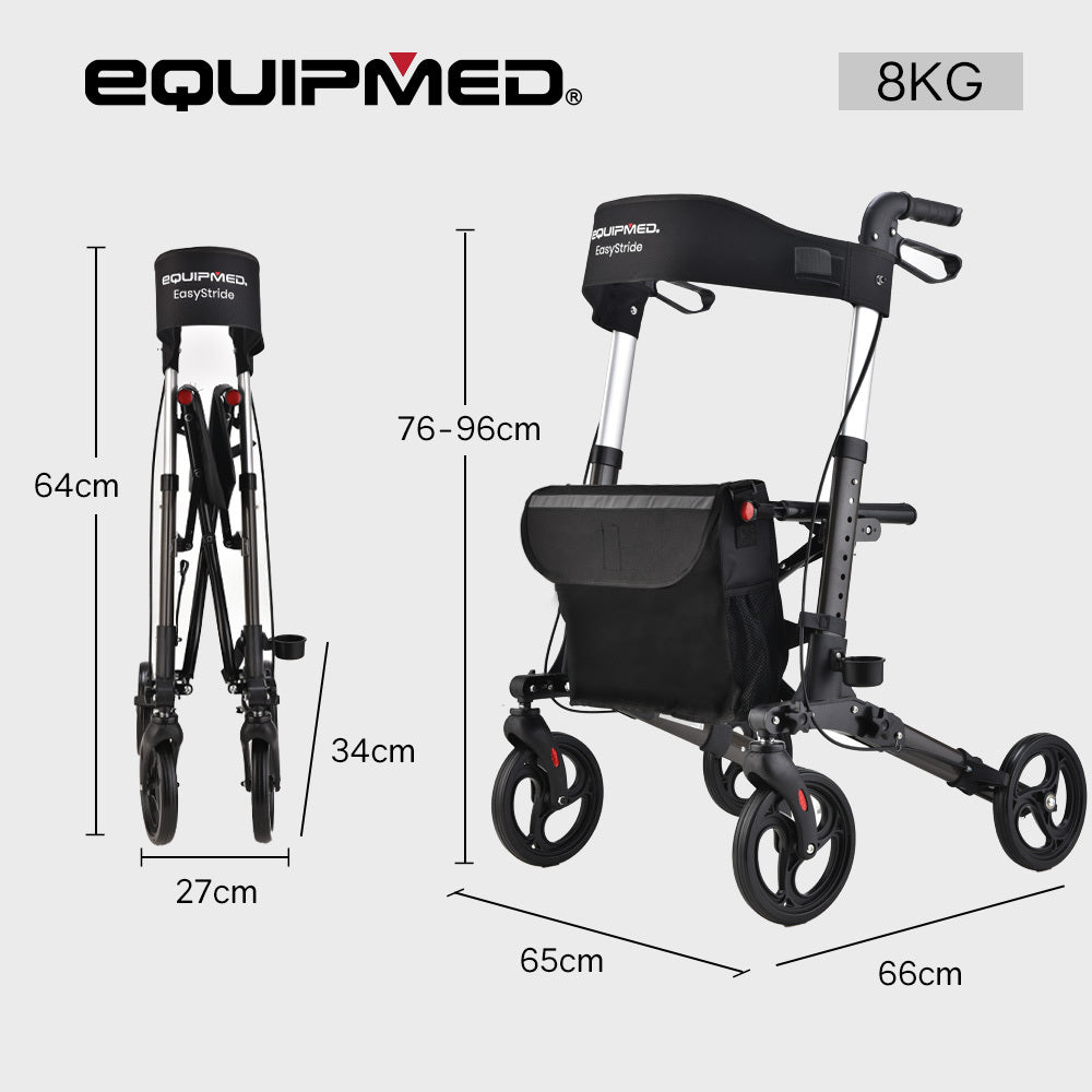 EQUIPMED Foldable Aluminium Walking Frame Rollator with Bag and Seat, Titanium Colour V219-EQHCRL11A