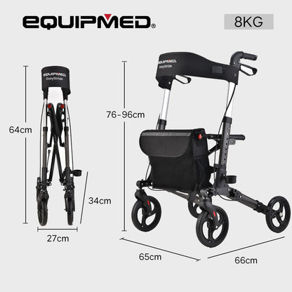 EQUIPMED Foldable Aluminium Walking Frame Rollator with Bag and Seat, Titanium Colour V219-EQHCRL11A