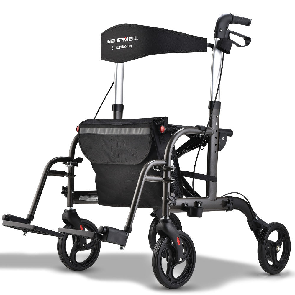 EQUIPMED 2-in-1 Foldable Aluminium Walking Frame Rollator and Transit Wheelchair with Bag, Titanium colour V219-EQHCRL21A