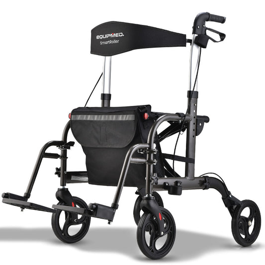 EQUIPMED 2-in-1 Foldable Aluminium Walking Frame Rollator and Transit Wheelchair with Bag, Titanium colour V219-EQHCRL21A